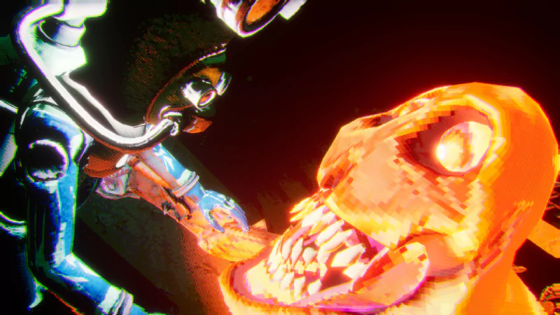 A diver in a futuristic suit battles a glowing, monstrous creature underwater. This scene is from the video game Murky Divers, featuring intense, neon-lit action.