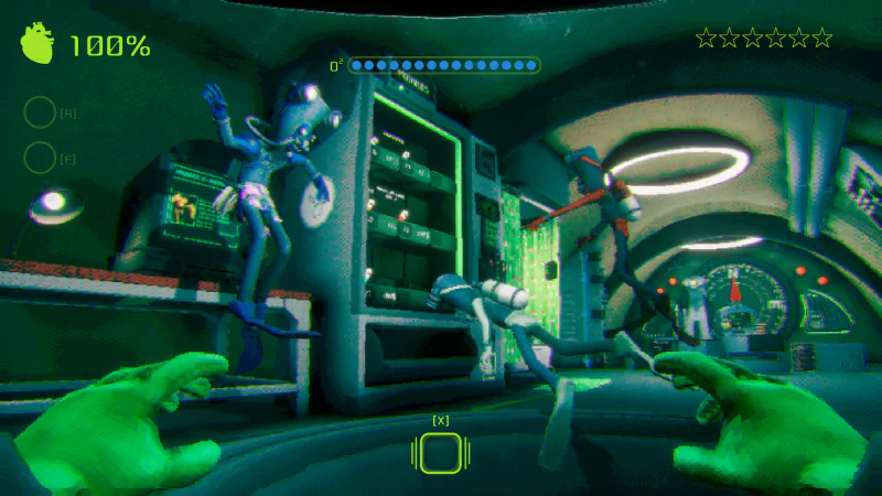 Screenshot of the video game Murky Divers, showing underwater characters in a high-tech submarine environment, with two green hands in the foreground and various gauges and equipment visible.