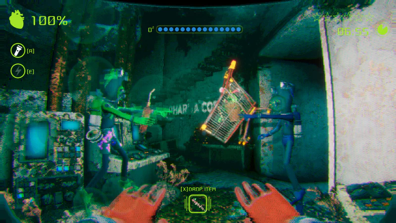 Screenshot from the video game Murky Divers, depicting an underwater scene with divers interacting with a cage-like object in a submerged structure. HUD elements display health and controls.