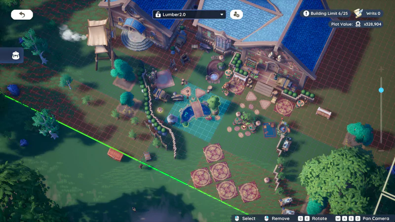 An aerial view of a video game scene in Palia showing a detailed house with surrounding gardens, paths, and various outdoor decorations.