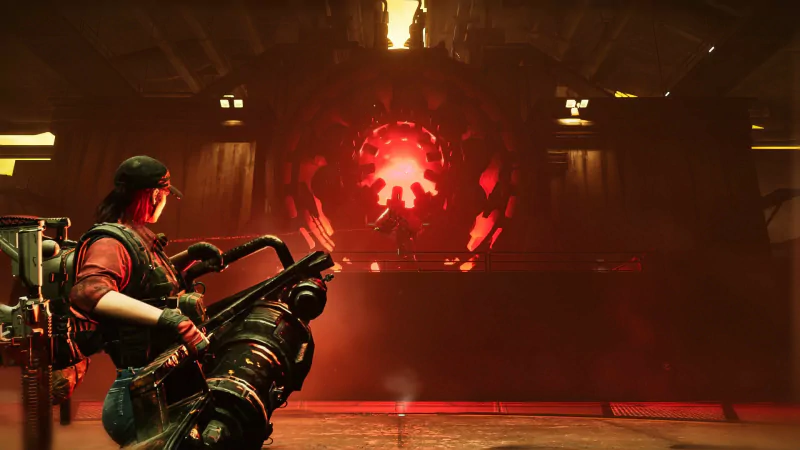 A character in the game Once Human wields a weapon, facing a large, glowing red portal in a dark industrial setting.