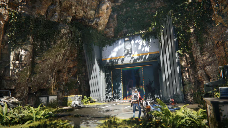 A scene from the video game Once Human depicting a character standing outside a futuristic, overgrown facility entrance set within a rocky, vegetated landscape.
