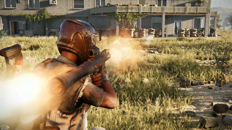 A character in the video game Once Human aims and fires a weapon amidst a grassy field in front of a building.