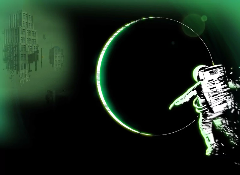 An astronaut floats in space with a green, crescent moon and eerie cityscape in the background, representing the video game Lifeless Moon.