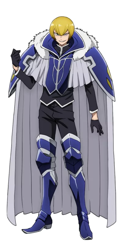 Anime character from No Longer Allowed in Another World in a blue and silver outfit with a white fur-collared cape, striking a confident pose with a smirk.