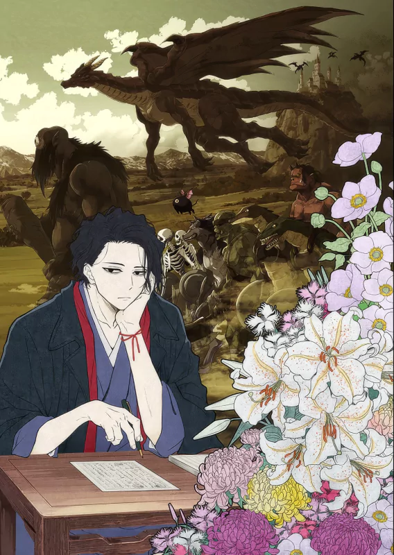 Anime character Osamu Dazai from No Longer Allowed in Another World sits at a table with a book, surrounded by flowers, while a battle scene involving various fantasy creatures unfolds in the background.