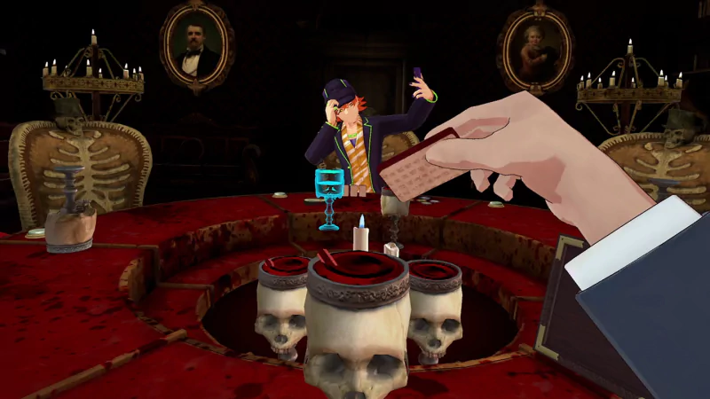 A screenshot from the video game Death Game Hotel, depicting an eerie atmosphere with a character in a hat and skeleton-themed decor, sitting at a table with skulls and an outstretched hand visible.