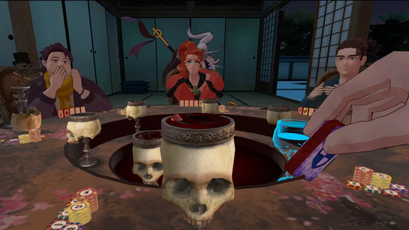A tense scene from the video game Death Game Hotel shows characters engaged in a high-stakes card game at a table adorned with skulls and lit candles, creating a dramatic and eerie atmosphere.