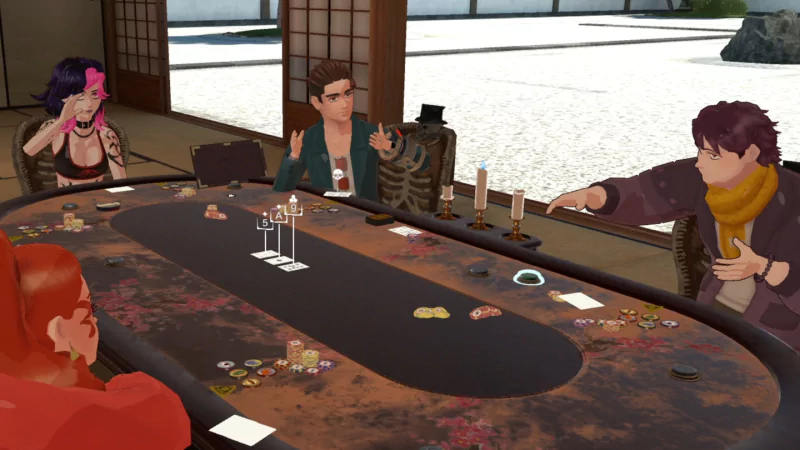 Characters from the video game Death Game Hotel are seated around a poker table, engaged in an intense game within a traditional Japanese-style room.