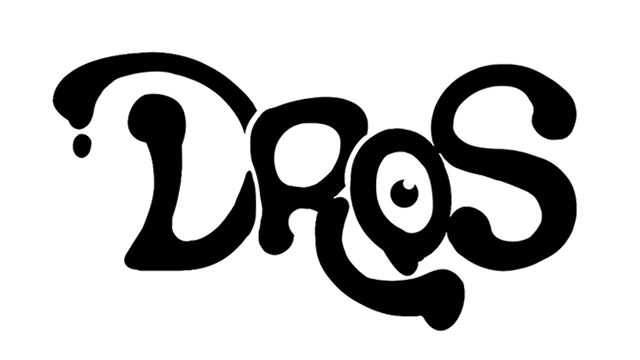 Logo of the video game DROS featuring stylized black and white text with playful, rounded letters and abstract design elements in the background.