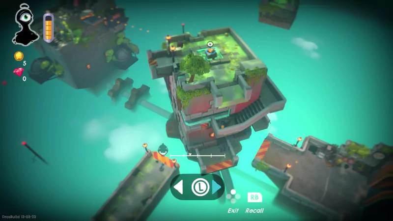 A screenshot from the video game DROS, showcasing a colorful, floating platform environment with stairs and greenery. The game's interface and controls are visible on the screen.