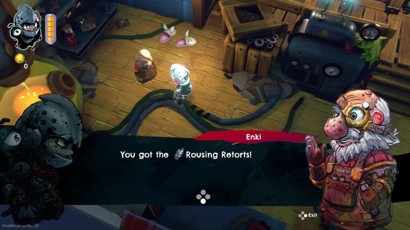 A scene from the video game DROS shows a character receiving the item Rousing Retorts from another character named Enki in a cluttered room filled with various objects and machinery.