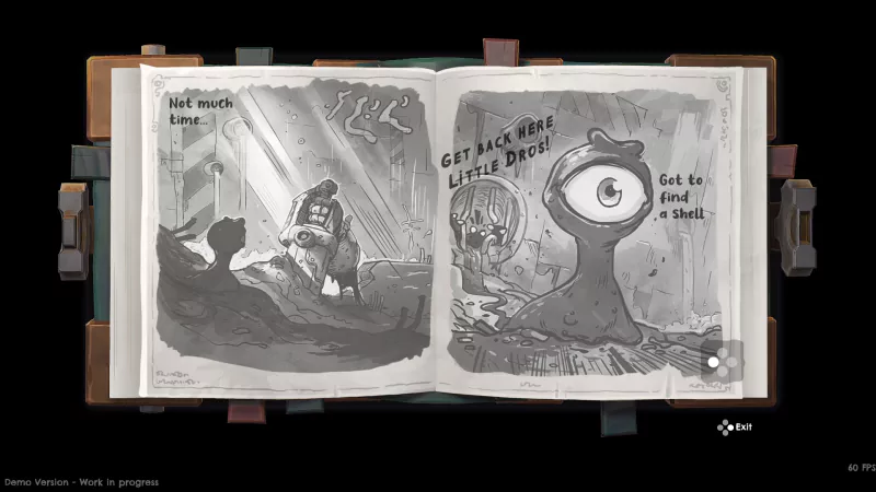 A grayscale image from the video game DROS showing an open book with illustrations and text, including characters saying phrases like Get back here little Dros and Get to find a shell!