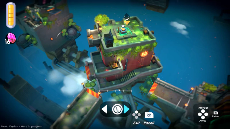 A vibrant and colorful in-game screenshot from the video game DROS. The scene features a multi-level structure surrounded by floating platforms and lush vegetation, with on-screen control icons visible.