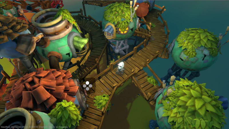 A vibrant, whimsical game scene from the video game DROS, featuring a character navigating wooden bridges between treehouse-like structures with lush green foliage.