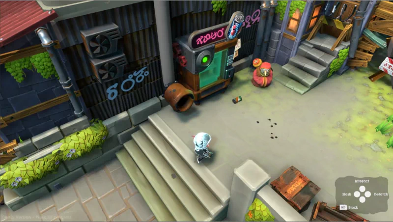 A character from the video game DROS stands in front of a stairway next to a wall adorned with neon signs and greenery, exploring a quaint urban area.