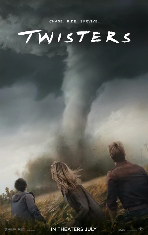 Movie poster for Twisters shows three people watching a massive tornado in an open field. The tagline reads Chase. Ride. Survive. The film is scheduled to be in theaters in July.