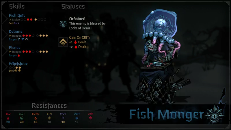 Image of a character named Fish Monger from the video game Darkest Dungeon II. The screen displays its skills, statuses, and resistances, along with an eerie graphic of the character with tentacles and a fishbowl head.