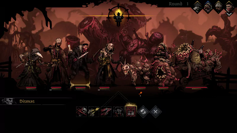A screenshot of the video game Darkest Dungeon II, showing a battle scene with characters and monsters set against a dark, eerie background.
