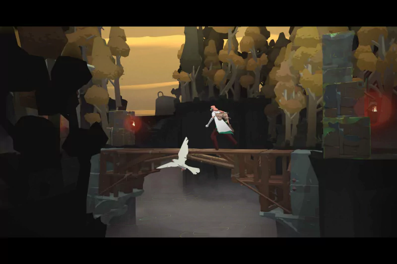 A character stands on a wooden bridge in a video game scene from Cataclismo, surrounded by an autumn forest backdrop with warm lighting and a bird flying beneath the bridge.