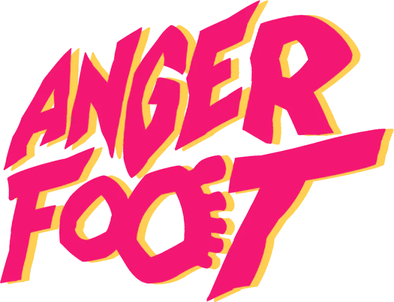 Bold, stylized pink-yellow text logo for the video game Anger Foot, featuring the words integrated with a foot design.