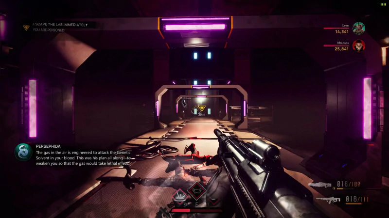 A first-person shooter gameplay scene from the video game EvilVEvil, featuring a player navigating a dimly lit corridor with a gun, encountering fallen enemies and reading on-screen text instructions.