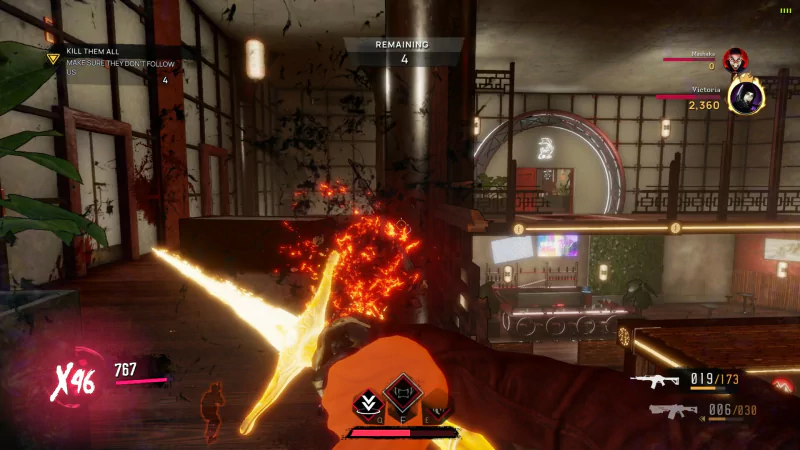A gameplay scene from the video game EvilVEvil showing a character wielding a glowing, fiery sword in a modern indoor setting with details indicating combat and scores on the screen.