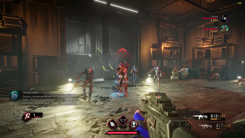 A gameplay scene from the video game EvilVEvil shows the player's viewpoint holding a gun, facing a group of enemies in a dark, industrial environment.
