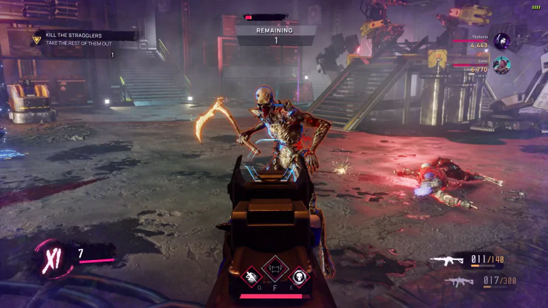 A screenshot from the video game EvilVEvil, showcasing a first-person view targeting a menacing skeletal enemy wielding a scythe amid a chaotic, dimly lit environment.