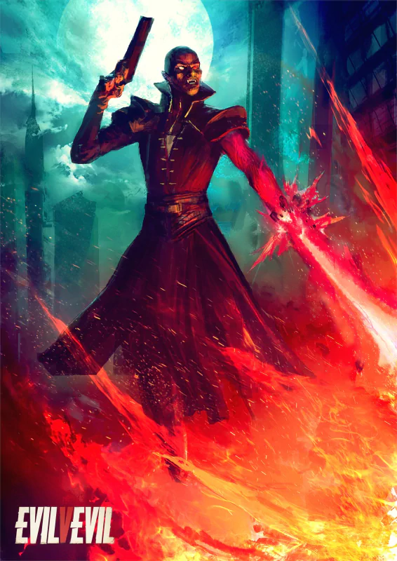 A character from the video game EvilVEvil wields a glowing energy sword and a gun amidst a fiery background, under a dramatic, moonlit sky.