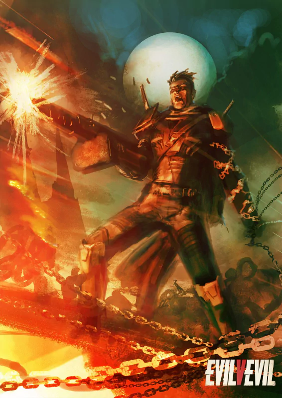 A dynamic scene from the video game EvilVEvil, featuring an armored character wielding a gun amidst dramatic lighting and intense action.