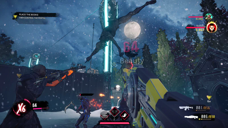 A thrilling scene from the video game EvilVEvil, showing intense first-person shooter action with characters battling in a snowy, eerie environment under the moonlight.