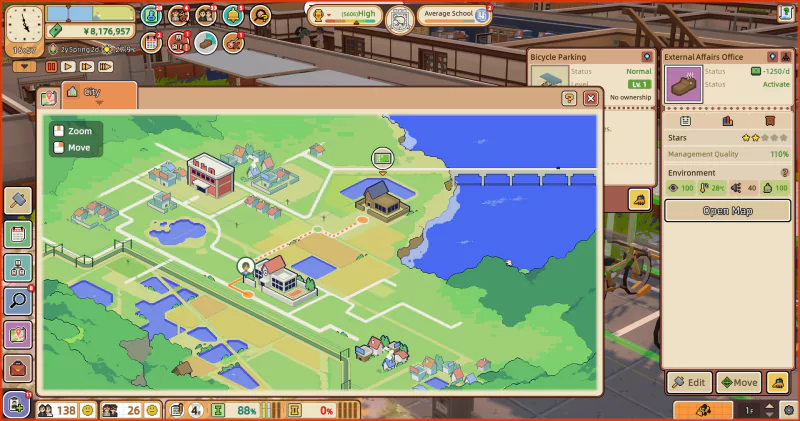 A screenshot from the video game Let's School displaying a detailed map with various buildings, a river, and multiple option menus on the sides.