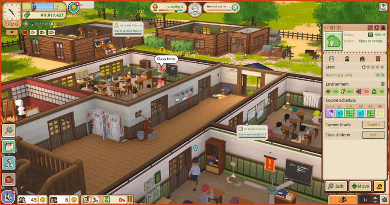 A screenshot from the video game Let's School, showing a detailed interior of a school building with various classrooms, hallways, and students engaging in activities.