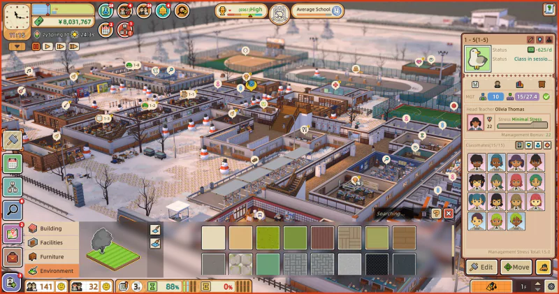 A screenshot from the video game Let's School showing a detailed layout of a school campus with various buildings, facilities, and menus displaying customization options and character information.