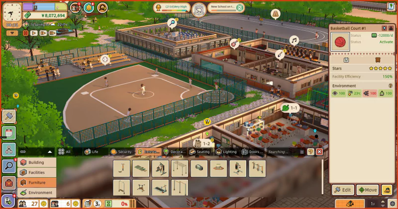 An overhead view of an in-game school setting from the video game Let's School, featuring various buildings, a baseball field, and user interface menus detailing construction and management options.