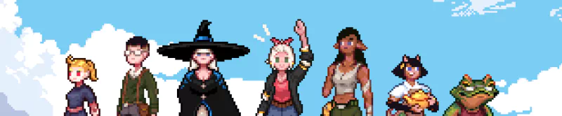 Pixel art characters from the video game Magical Delicacy stand in a line against a bright, cloudy sky, each character uniquely designed with vibrant details.