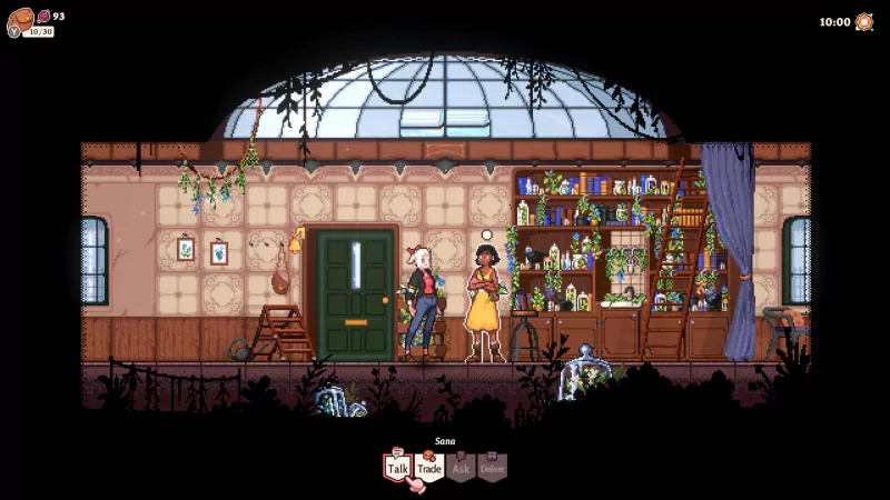 A scene from the video game Magical Delicacy, where two characters interact in a cozy cottage filled with plants and magical items. The atmosphere is whimsical with soft lighting and detailed decor.