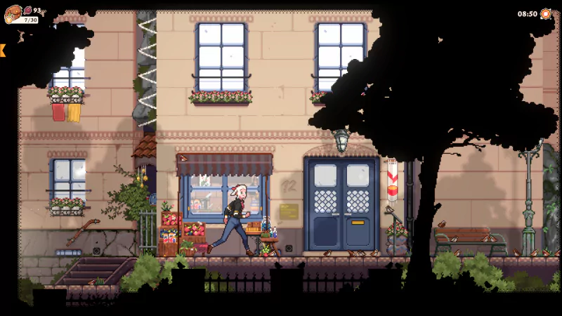 A character walks past a quaint storefront in the video game Magical Delicacy, surrounded by charming urban scenery featuring potted plants and outdoor decor.
