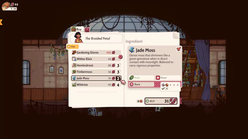 Screenshot from the video game Magical Delicacy showcasing a shop interface for purchasing ingredients, highlighting Jade Moss as an item. The background depicts a quaint, magical setting.