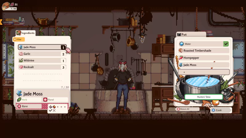 A character is in a kitchen preparing food with ingredients like jade moss in the video game Magical Delicacy. The screen displays a cooking recipe interface with various culinary selections.