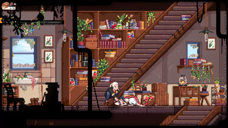 A cozy, well-decorated interior from the video game Magical Delicacy features bookshelves, plants, and a character browsing through a bookshelf under a wooden staircase.