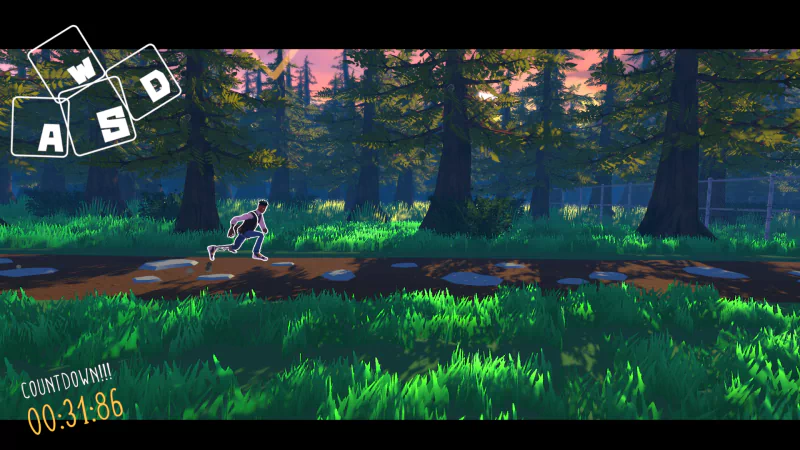 A scene from the video game Aerial_Knight's Never Yield showing a character running through a forested area. Countdown timer at the bottom left reads 00:31.86, with controls overlaid in the top left corner.