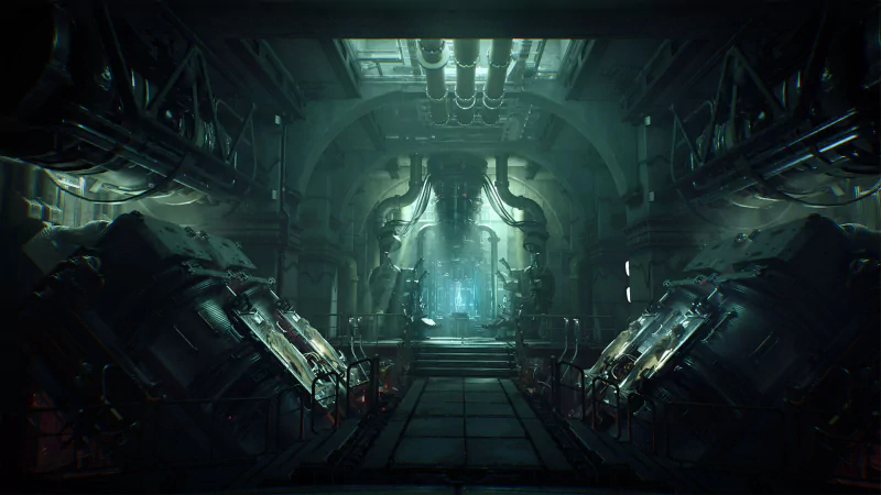 A dark, atmospheric scene from the video game Nobody Wants to Die, featuring a futuristic, industrial corridor with eerie lighting and large, mysterious machinery.