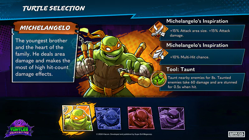 A Teenage Mutant Ninja Turtles: Splintered Fate game screen. Michelangelo is highlighted with stats and abilities described, including increased attack speed, attack damage, multi-hit effects, and a taunt tool.