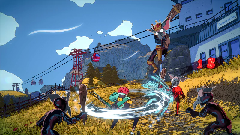 A vibrant scene from the video game Dungeons of Hinterberg featuring a character fighting multiple enemies with a backdrop of mountains, cable cars, and a building.