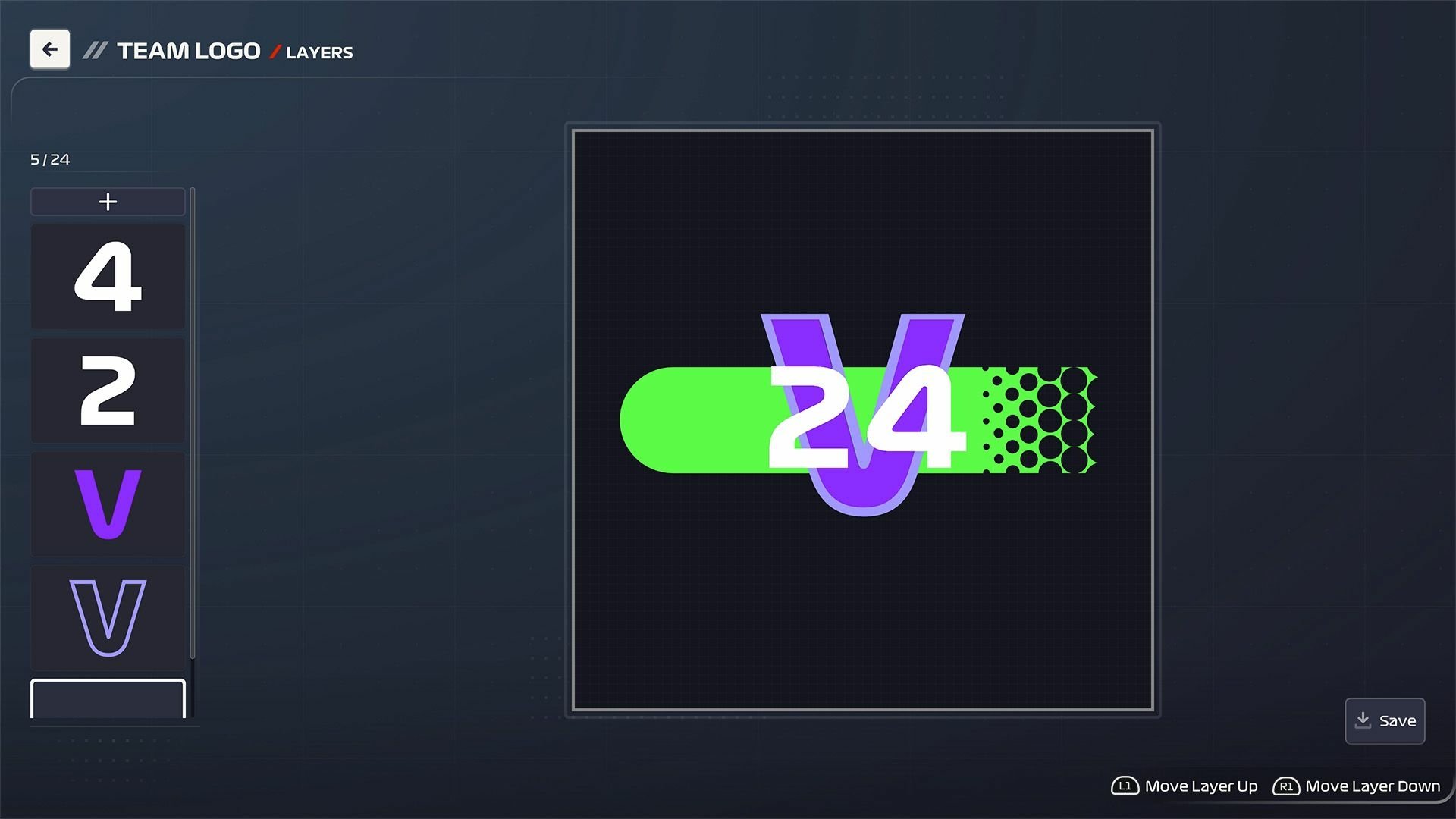 A vibrant team logo design featuring the number 24 in bold colors and geometric elements, showcased in the interface of F1 Manager 2024.