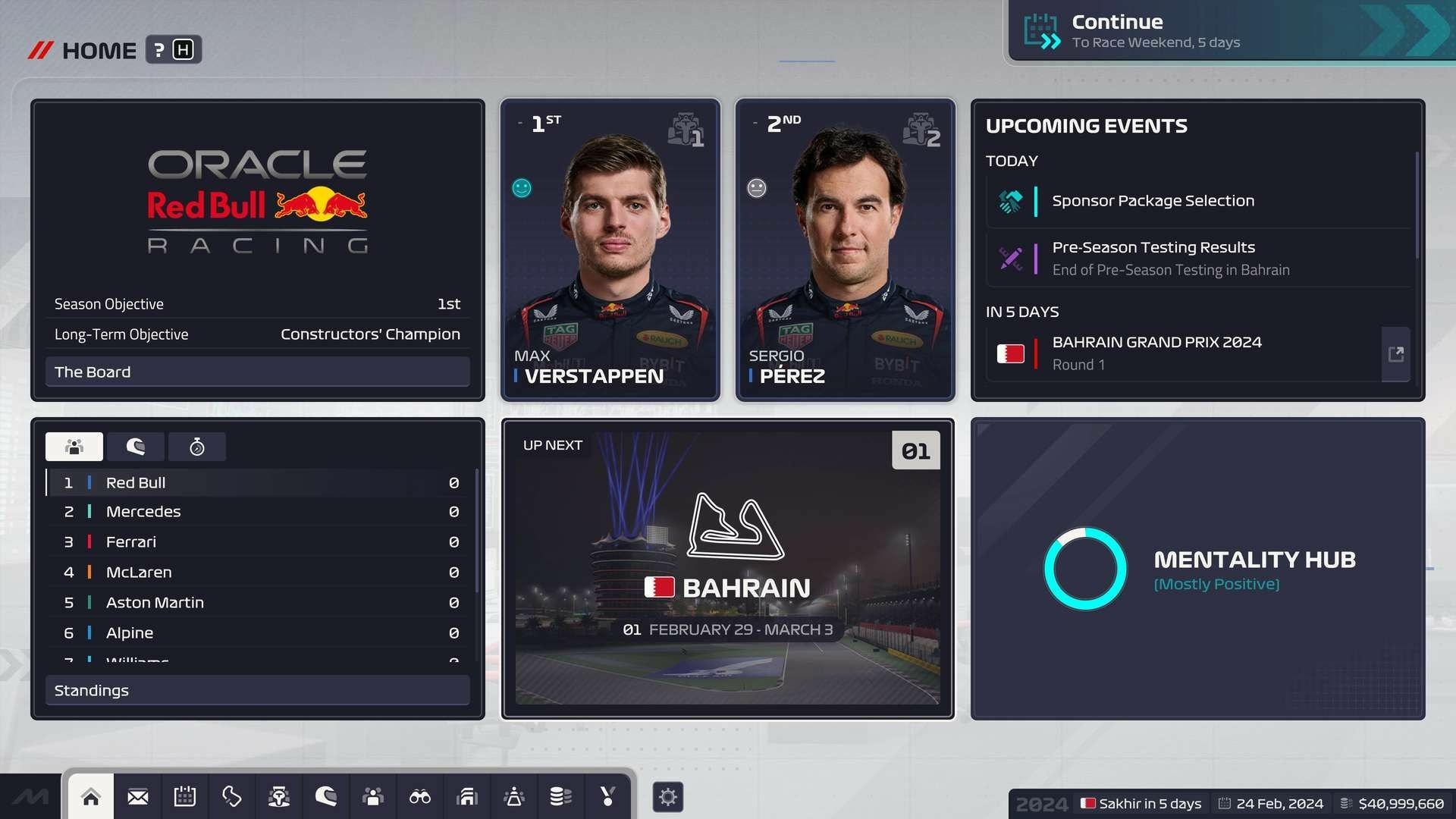 Screenshot from F1 Manager 2024 displaying the main menu. Features include team standings with Verstappen and Pérez, upcoming events, and a section for the Bahrain event.