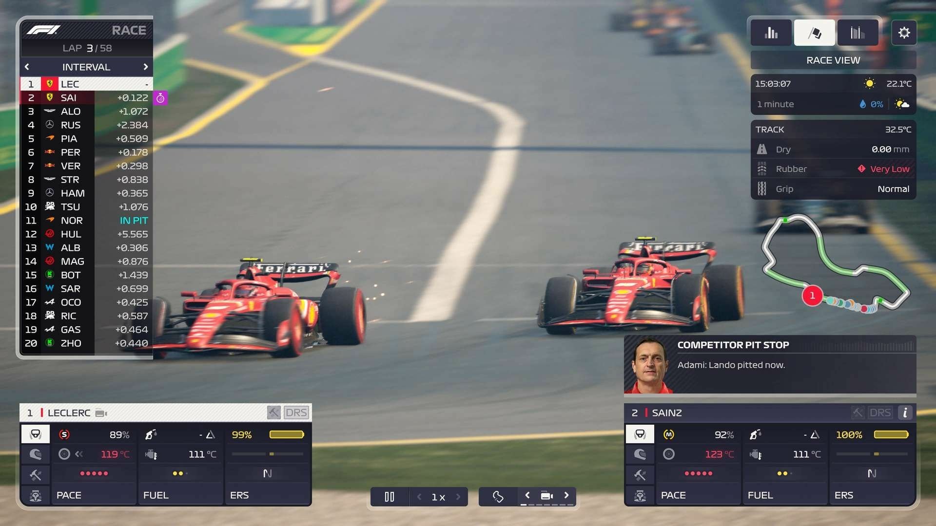A dynamic scene from F1 Manager 2024, showcasing two Ferrari cars battling on track, with race statistics and a circuit map displayed on the screen.