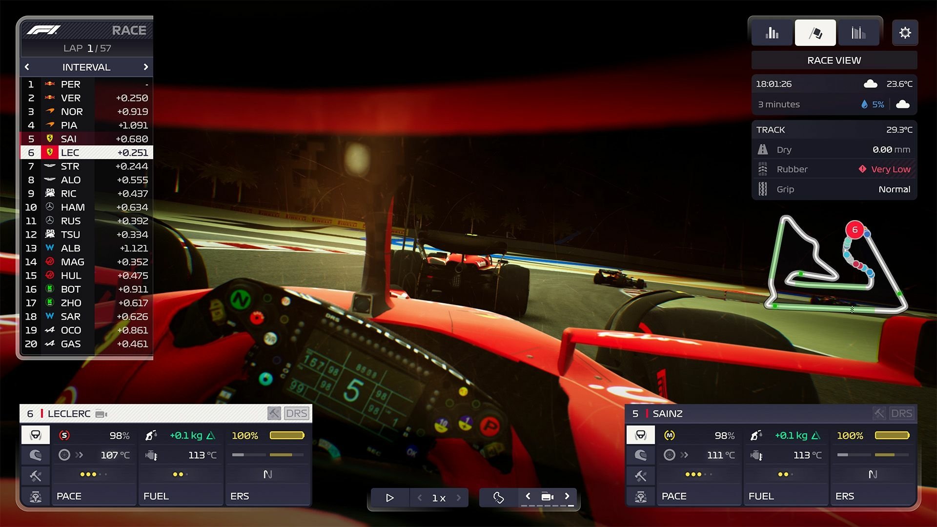 A cockpit view from F1 Manager 2024, showcasing a night race with driver stats and a track layout visible on the screen. Intense racing dynamics are captured in this immersive gaming experience.